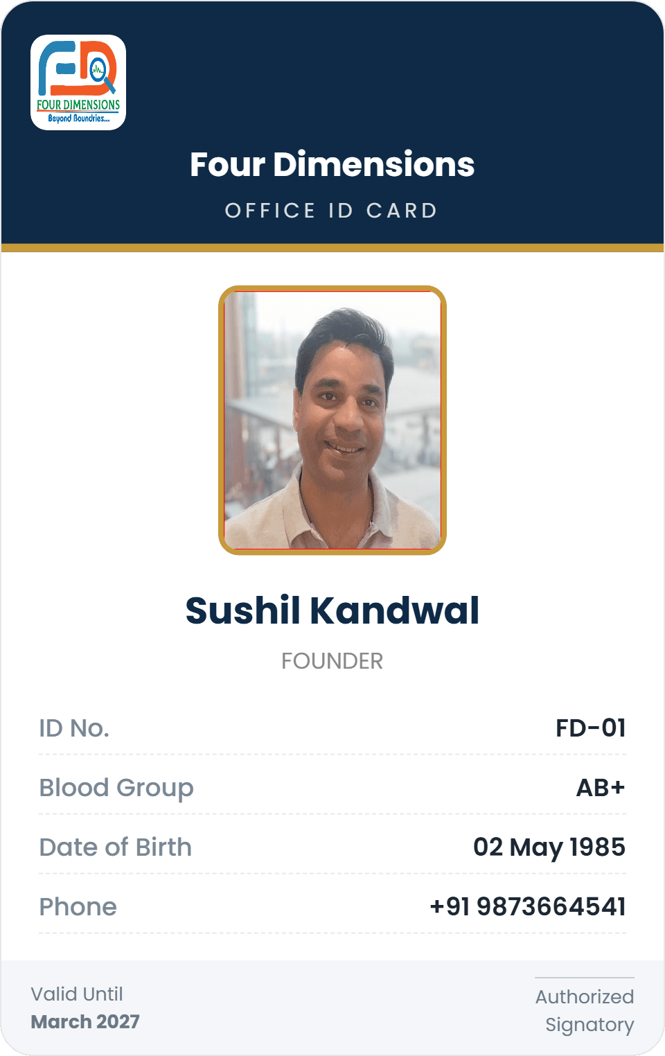Sample Four Dimensions PVC ID card — full-colour with photo, school logo and student details